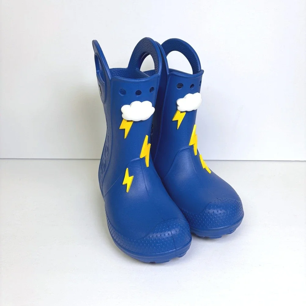 Crocs Handle It Rain Boots Blue Lightning Bolt Cloud Waterproof J1 Kids - Picture 1 of 7